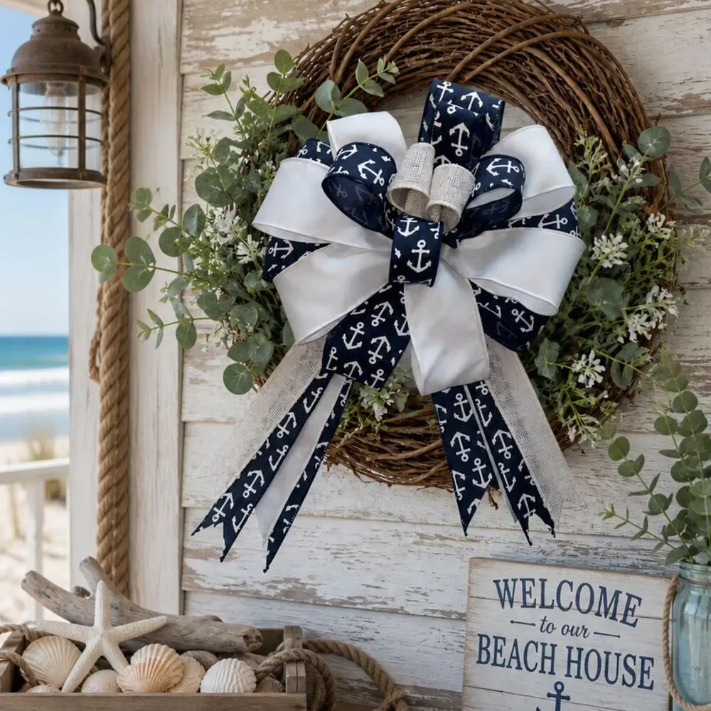 12‑Inch Nautical Anchor Bow | Navy & White Coastal Wreath Bow | Beach House